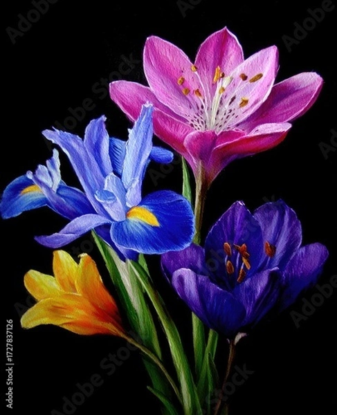 Fototapeta Vibrant floral still life featuring a bouquet of irises, lilies, and crocuses in rich, detailed colors against a dark backdrop.