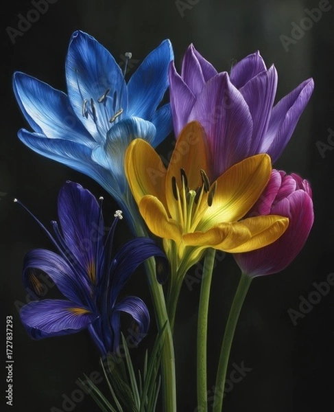 Fototapeta Vibrant bouquet of tulips and irises, showcasing a rich spectrum of colors against a dark backdrop.
