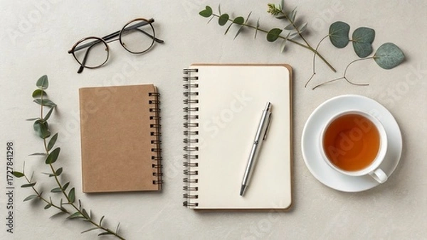 Obraz Minimal Flat Lay Notebook Pen Glasses Tea Cup —AI GENERATED