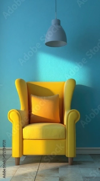 Fototapeta A vibrant yellow wingback armchair sits in a sunlit room with a light gray pendant lamp, highlighting the cheerful atmosphere.