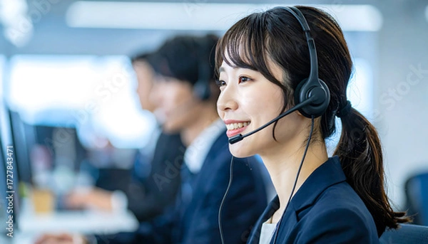 Obraz ヘッドセットを着けたビジネス女性オペレーターの笑顔と横顔