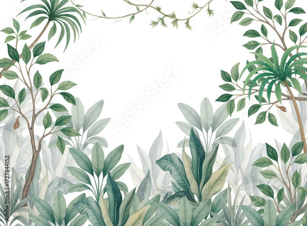 Obraz Watercolor tropical jungle leaves background, botanical frame, greenery border, natural foliage illustration