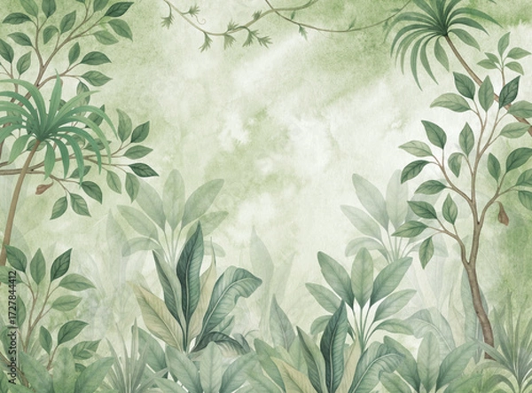 Obraz Watercolor tropical jungle leaves background, botanical frame, greenery border, natural foliage illustration