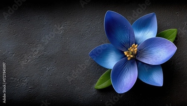 Fototapeta A vibrant, deep blue flower rests elegantly on a dark textured surface.
