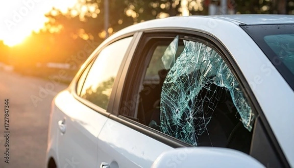 Obraz Broken car window at sunset