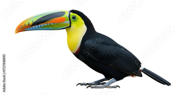 Fototapeta A toucan bird with colorful beak perched isolated on a white background.