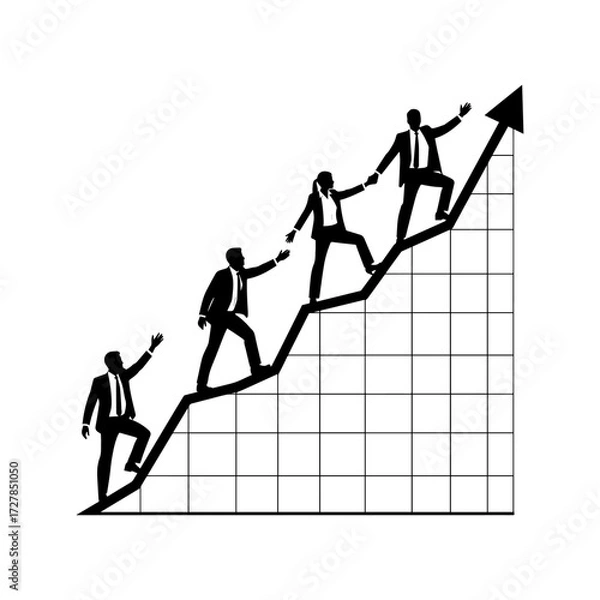 Fototapeta Business people climbing a rising graph chart. Teamwork and leadership helping each other to success.