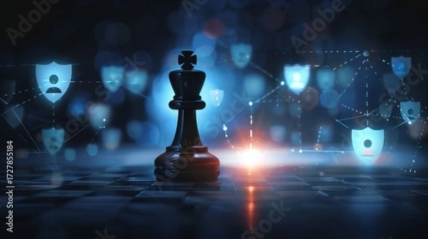 Fototapeta Lone King Chess Piece Stands Guard Amidst Digital Shields and Networked Security.