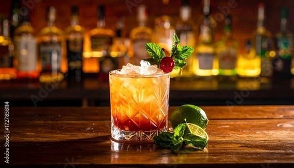 Fototapeta A cocktail with ice, garnished with cherries and mint, sits on a wooden bar