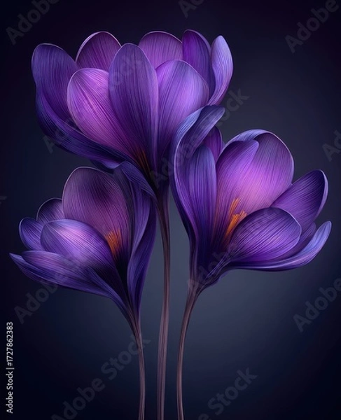 Fototapeta Delicate purple crocus blossoms stand out against a dark backdrop, showcasing intricate detail and rich color.