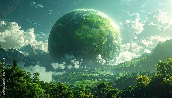 Fototapeta A colossal green planet above a lush valley