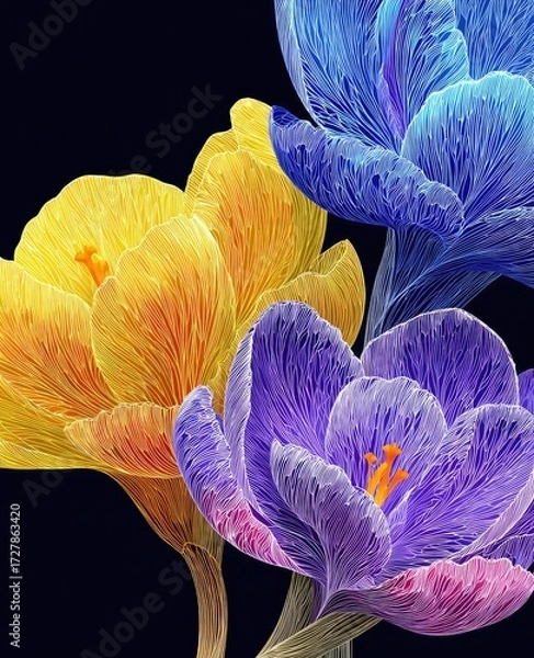 Fototapeta Vibrant, detailed illustration of spring crocus flowers in a dynamic arrangement against a striking black backdrop.