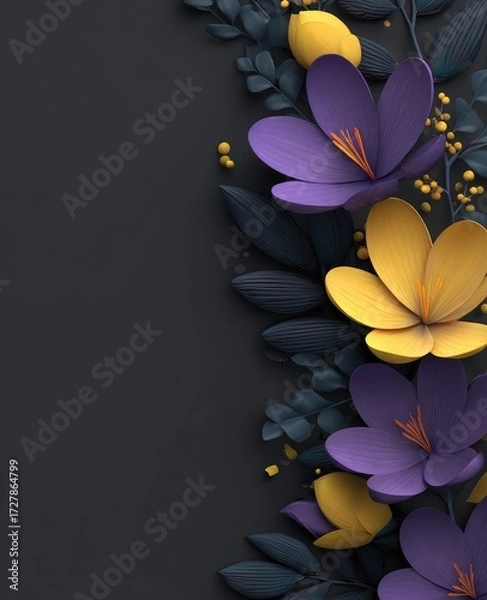 Fototapeta A visually striking arrangement of vibrant purple and yellow blossoms, set against a sophisticated dark gray backdrop, with delicate, textured foliage.