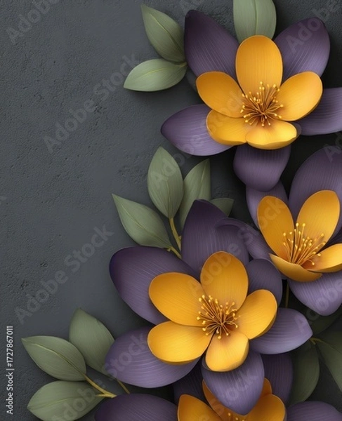 Fototapeta A vibrant arrangement of layered, paper flowers in deep purple and golden yellow, set against a textured dark gray background.