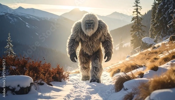 Fototapeta A creature walks snowy mountain path