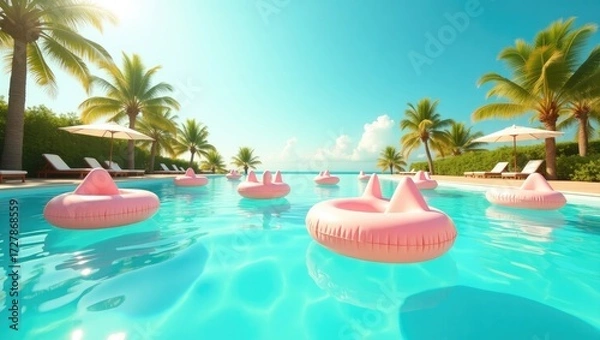 Fototapeta Pool with Pink Floaties and Palm Trees in Resort