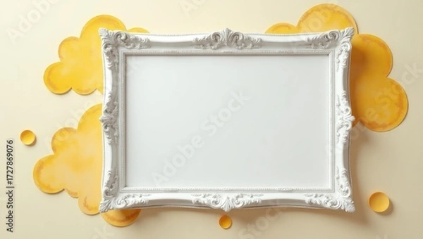 Fototapeta Empty White Frame with Cloud-like Accents on Cream Background