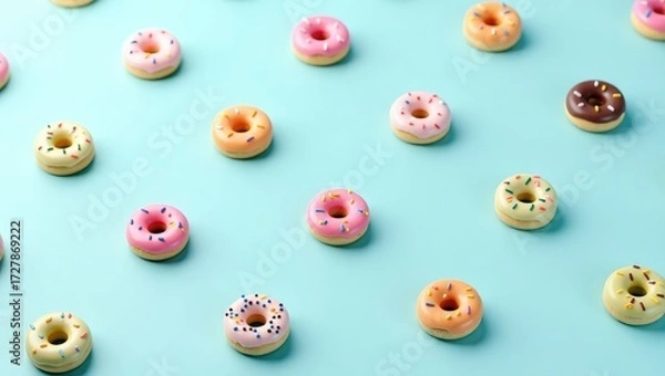 Fototapeta A pattern of colorful miniature donuts with pink, yellow, and chocolate frosting with sprinkles on a light blue background.