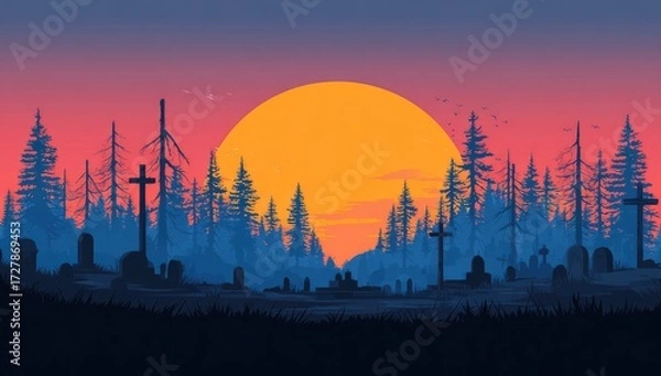 Fototapeta A serene, twilight scene depicts a quiet cemetery nestled within a pine forest, highlighted by a vibrant orange sunset.