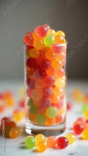 Fototapeta A tall clear glass overflowing with colorful, translucent gummy candies on a white surface.
