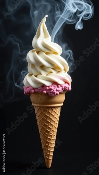 Fototapeta A swirling vanilla and strawberry soft serve ice cream cone emitting cold vapor against a black background.