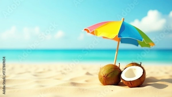 Fototapeta Two fresh coconuts with a small rainbow umbrella rest on a sunny tropical beach by the sea.