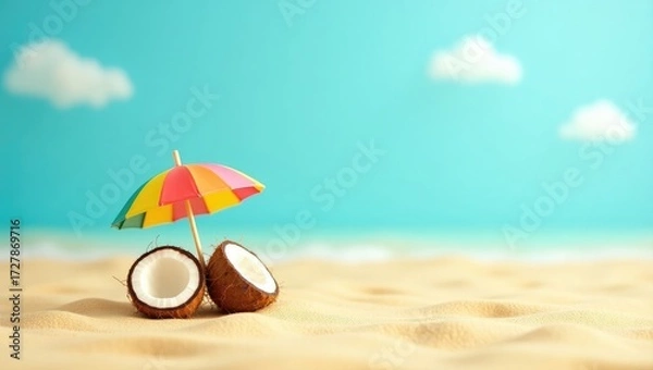 Fototapeta A fresh coconut split in half with a colorful cocktail umbrella resting on a sandy tropical beach.