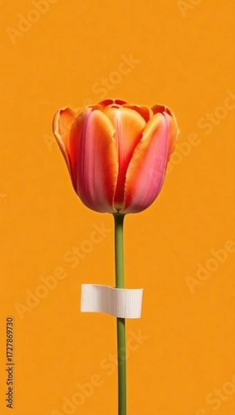 Fototapeta A single vibrant orange and pink tulip stands against a matching orange background with a white tag on its stem.