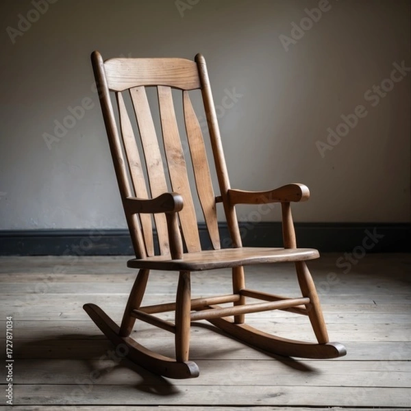 Fototapeta A classic wooden rocking chair with armrests stands empty in a quiet, softly lit room.