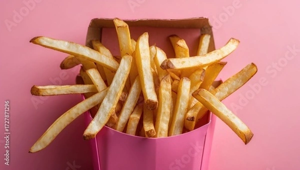 Fototapeta A close-up of golden french fries overflowing from a pink cardboard container on a matching pink background.