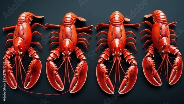 Fototapeta Four vibrant red cooked lobsters arranged symmetrically in a row on a dark, contrasting background.