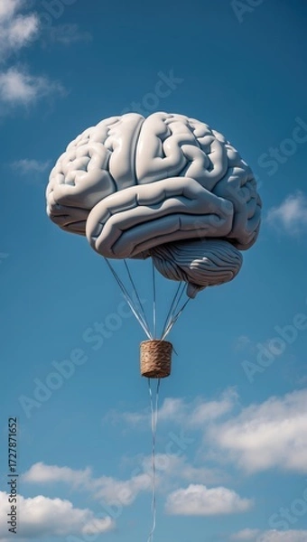 Fototapeta A surreal human brain floats like a hot air balloon with a basket, ascending into a blue sky with clouds.