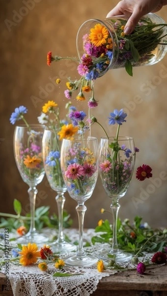 Fototapeta Creative still life of a hand pouring a cascade of vibrant wildflowers into a row of elegant wine glasses.