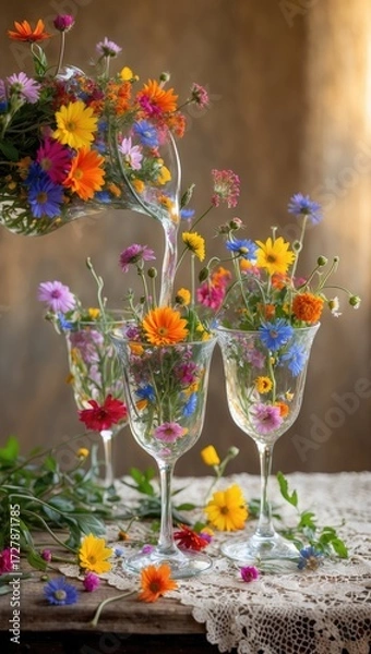 Fototapeta A surreal still life of a pitcher pouring a cascade of colorful wildflowers into elegant wine glasses.