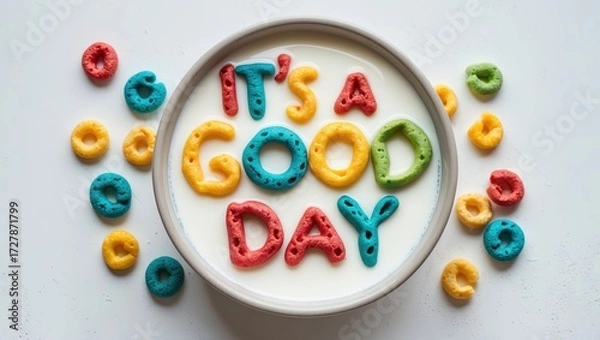 Fototapeta Colorful loop cereal in a bowl of milk spells out the positive message 'It's a good day'.