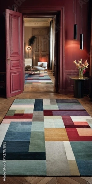 Fototapeta A vibrant, geometric rug with a bold color palette, perfectly placed in a spacious, elegant interior.