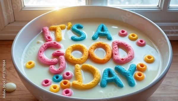 Fototapeta Colorful alphabet cereal spells the positive phrase 'It's a Good Day' in a white bowl of milk for a cheerful breakfast.
