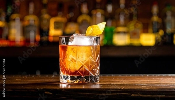 Fototapeta A dark amber cocktail on a bar