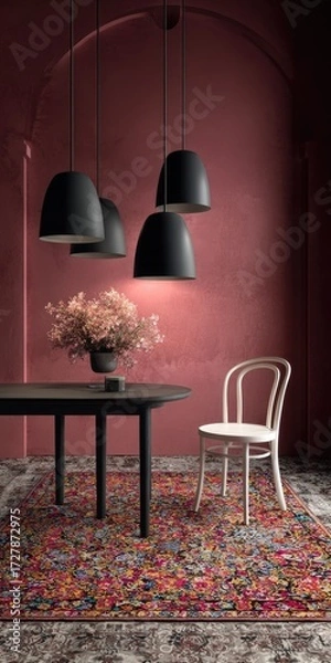 Fototapeta A stylish, dimly lit dining area with a rich, patterned rug and sleek black pendant lights.