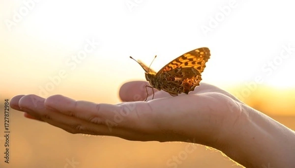 Fototapeta A delicate butterfly rests on a hand against a golden sunset