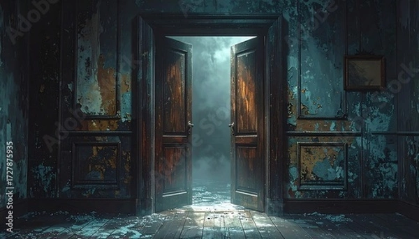 Fototapeta A dimly lit, decaying room with an open doorway revealing a brighter space beyond