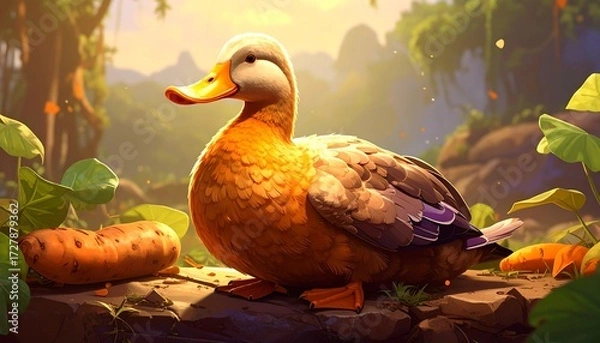 Fototapeta A duck amidst a vibrant jungle scene, near some roots and vegetables