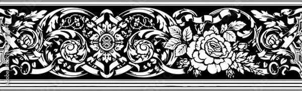 Obraz Elegant vintage floral border design with intricate scrollwork and rose motif silhouette and cutout removed background