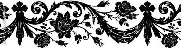 Fototapeta Elegant black floral baroque border design with intricate rose details and scrolling acanthus leaves silhouette and cutout removed background