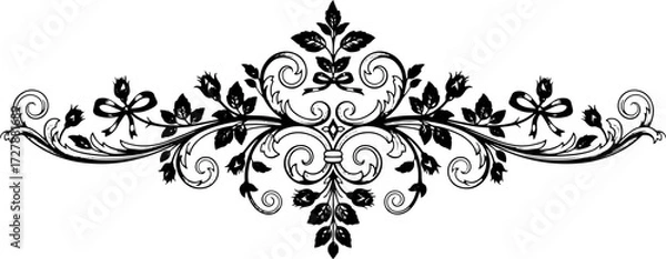 Obraz Elegant black and white floral scrollwork with roses and ribbons, perfect for vintage design accents silhouette and cutout removed background