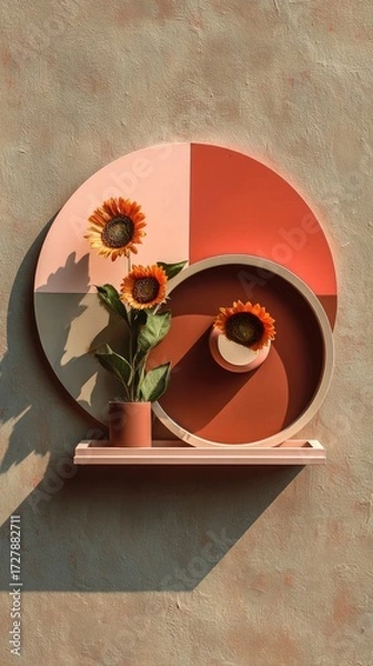 Fototapeta A decorative wall shelf displays three circular trays in muted peach, terracotta, and beige tones, accented by sunflowers in a warm, artistic composition.