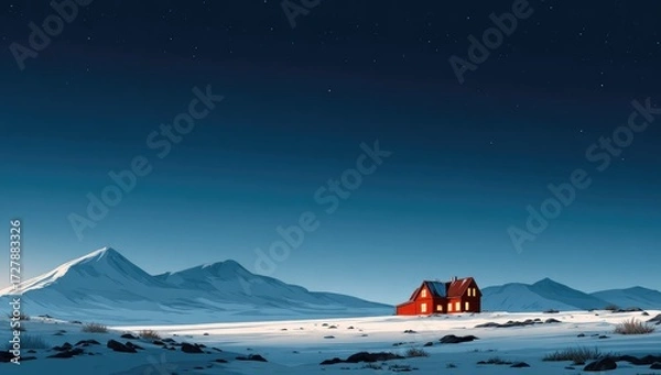 Fototapeta A solitary red house stands illuminated against a backdrop of snow-capped mountains under a star-studded night sky.