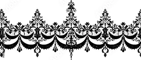 Fototapeta Elegant black lace border design with intricate floral details and vintage charm, perfect for invitations silhouette and cutout removed background