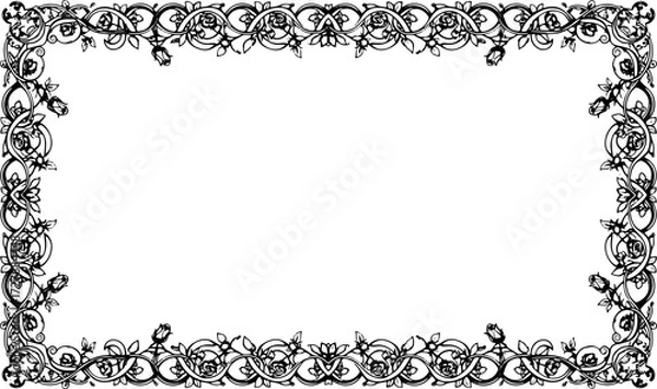 Fototapeta Elegant floral frame design with roses and swirling vines, perfect for invitations and decorative borders. silhouette and cutout removed background