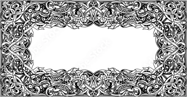Fototapeta Elegant black and white ornate border design with intricate floral and knotwork details, perfect for invitations or certificates. silhouette and cutout removed background